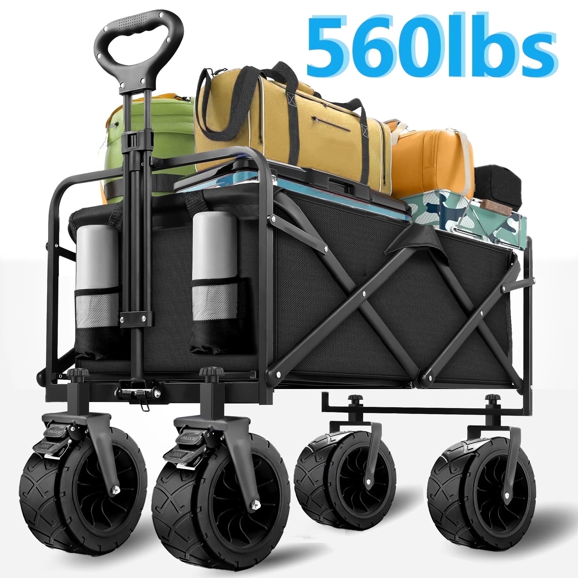 Qunler 560Lbs Collapsible Folding Wagon, Big Bucket Beach Cart, Heavy Duty Large Capacity Garden Wagon with Multi-Terrain Brake Wheels for Outdoor Camping, Shopping, Sports, Grocery, Kids, Black