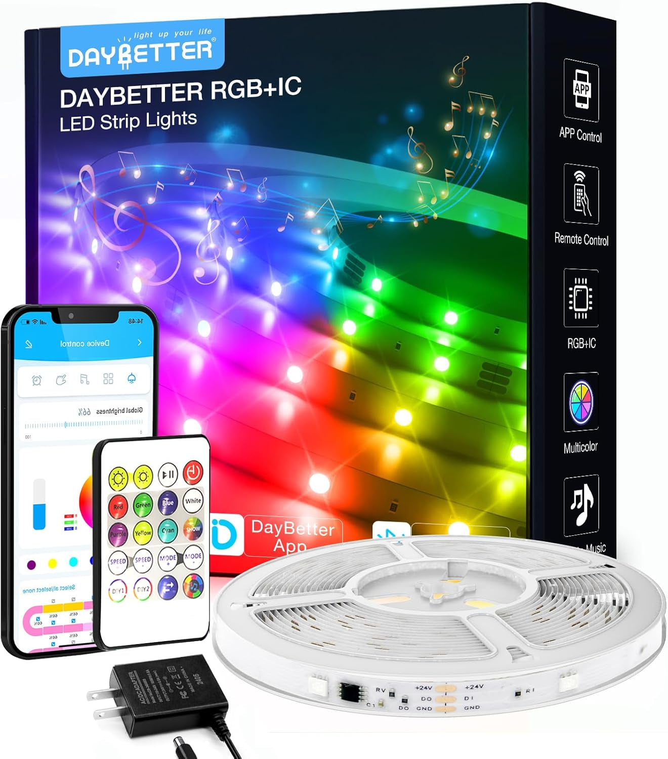 DAYBETTER BGRIC LED Lights for Bedroom, 16.4FT RGB LED Lights with Bluetooth APP & Remote Control 24V 5050 Color Changing LED Strip Lights Music Sync for Room Home Party Wall Indoor Decor