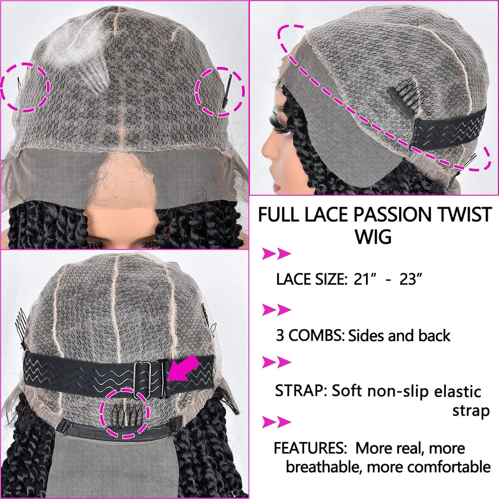 Annivia Passion Twist Braided Wigs for Black Women Full Lace Knotless Braided Wigs with Baby Hair Passion Twist Water Wave Crochet Hair Premium Synthetic Lace Faux Locs Braiding Wig(27/613 24Inch)