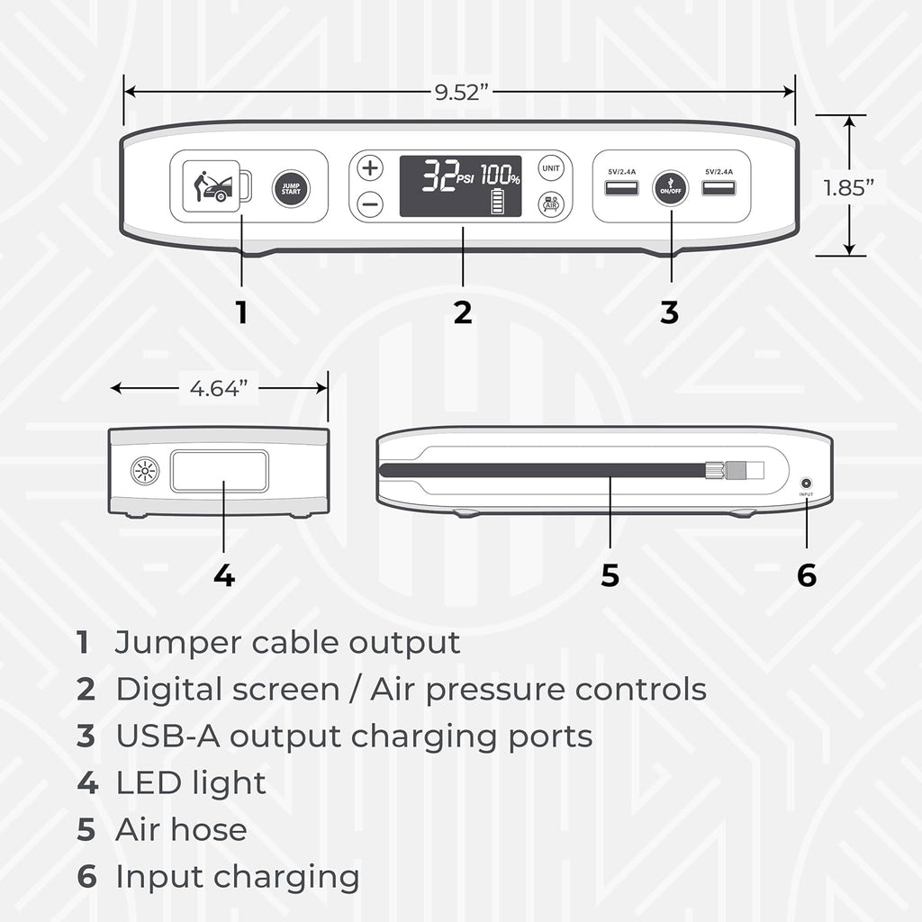HALO Bolt Air 58830 Portable Car Battery Jump Starter | 100 PSI Air Compressor, 58.8Wh USB Power Bank, Emergency Floodlight & Charger, Jumps Cars Suvs & Trucks, Inflates Tires, TSA Approved — Black