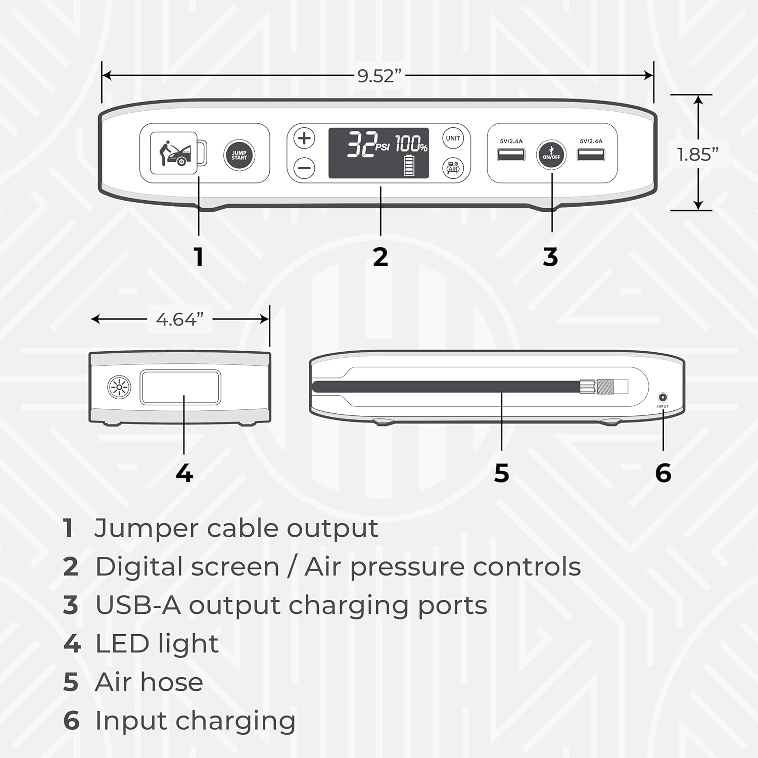 HALO Bolt Air 58830 Portable Car Battery Jump Starter | 100 PSI Air Compressor, 58.8Wh USB Power Bank, Emergency Floodlight & Charger, Jumps Cars Suvs & Trucks, Inflates Tires, TSA Approved — Black