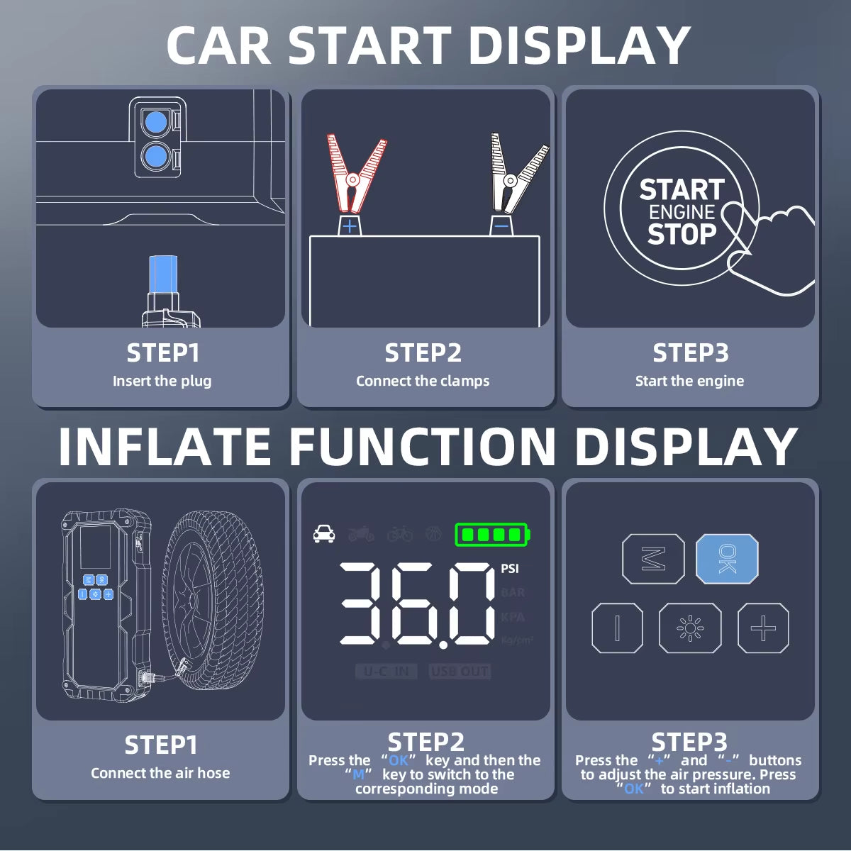 4 in 1 Jump Starter Air Pump Air Compressor Power Bank Starting Device Battery Booster Jump Starter