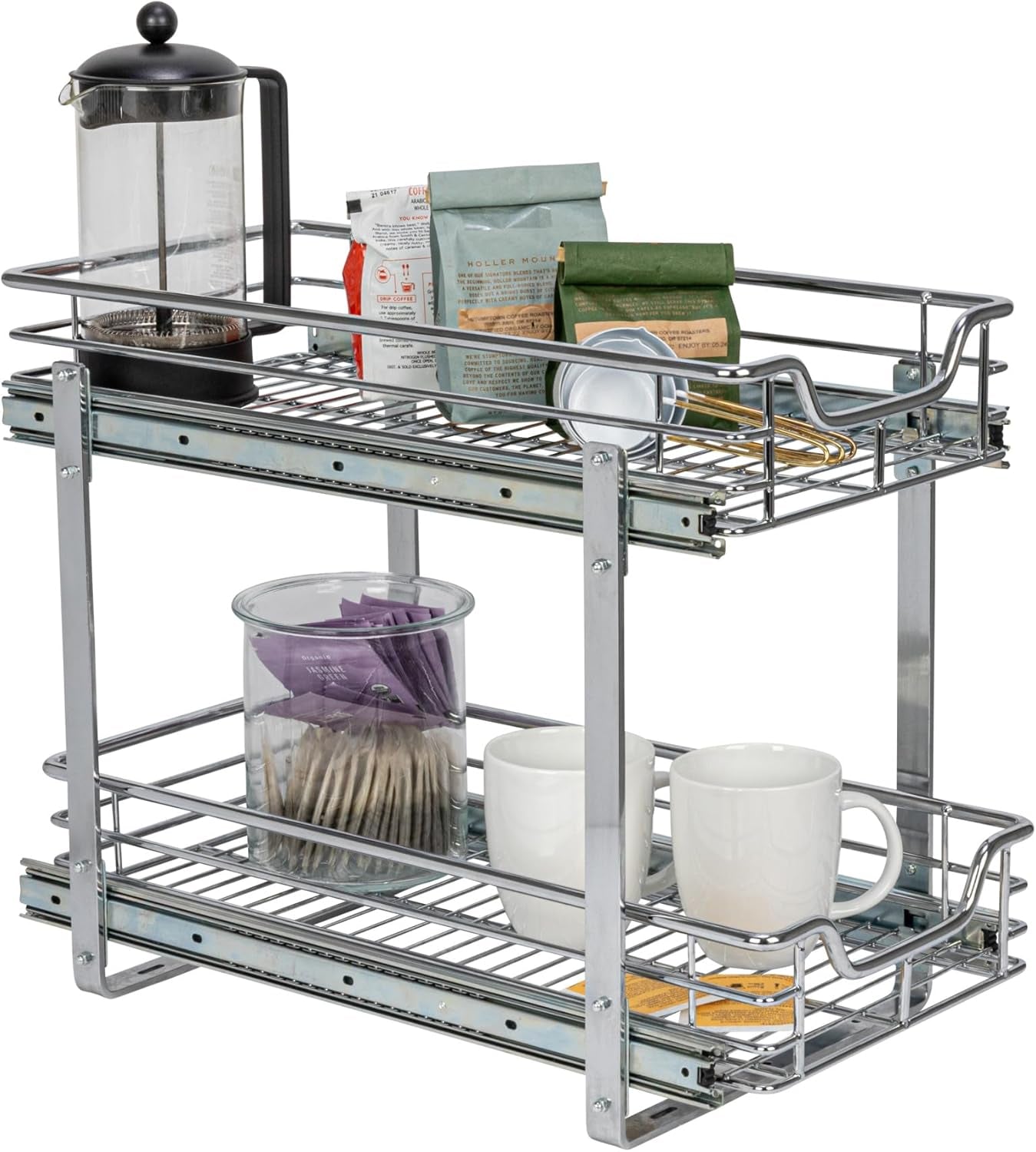 Household Essentials Glidez Multipurpose Chrome-Plated Steel Pull-Out/Slide-Out Basket Storage Organizer for under Cabinet Use - 2-Tier Design - Fits Standard Size Cabinet or Shelf, Chrome