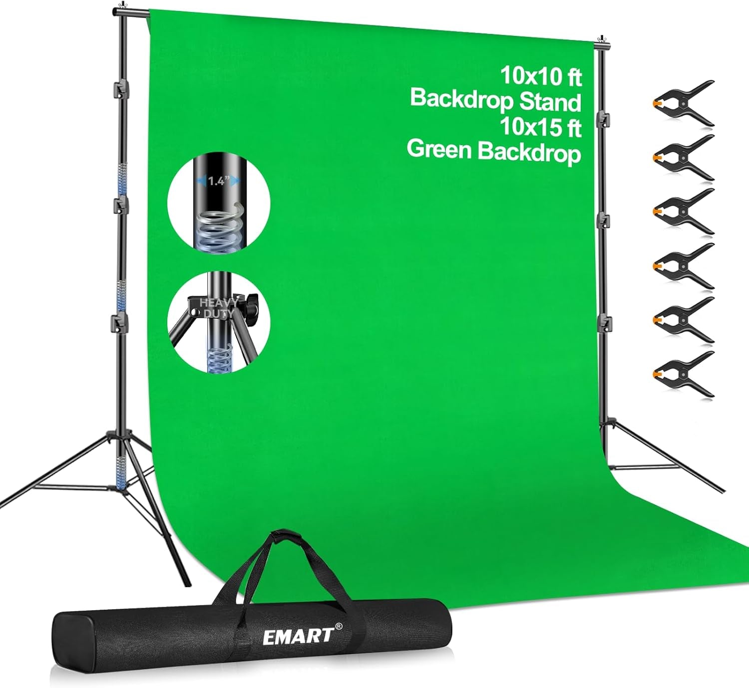 EMART Photo Video Studio 8.5 X 10Ft Green Screen Backdrop Stand Kit, Photography Background Support System with 10 X12Ft 100% Cotton Muslin Chromakey Curtain