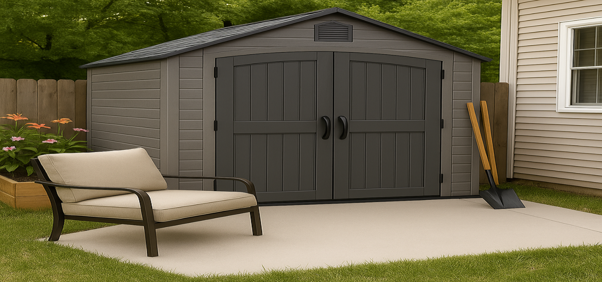 Gray storage shed with a chair and garden tools in a backyard setting
