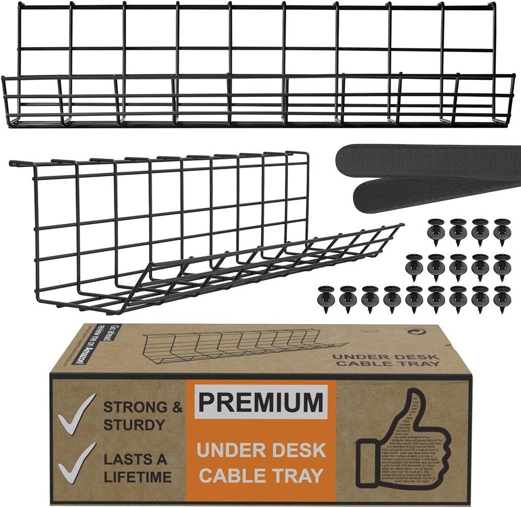 Under Desk Cable Tray, Cord Organizer for Wire, Cord Management, under Desk, Wire Holders - Black Tray - Set of 4X 17