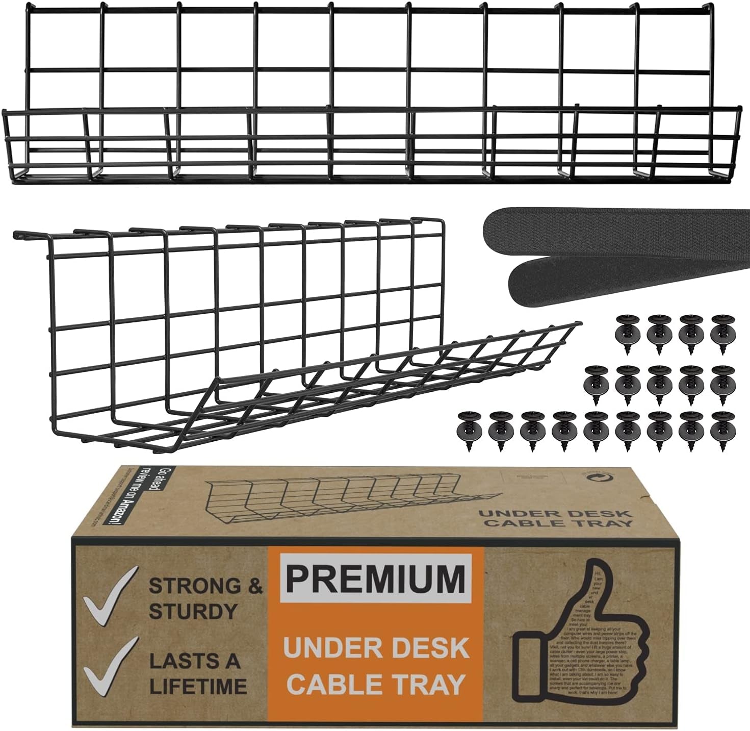 Under Desk Cable Tray, Cord Organizer for Wire, Cord Management, under Desk, Wire Holders - Black Tray - Set of 4X 17