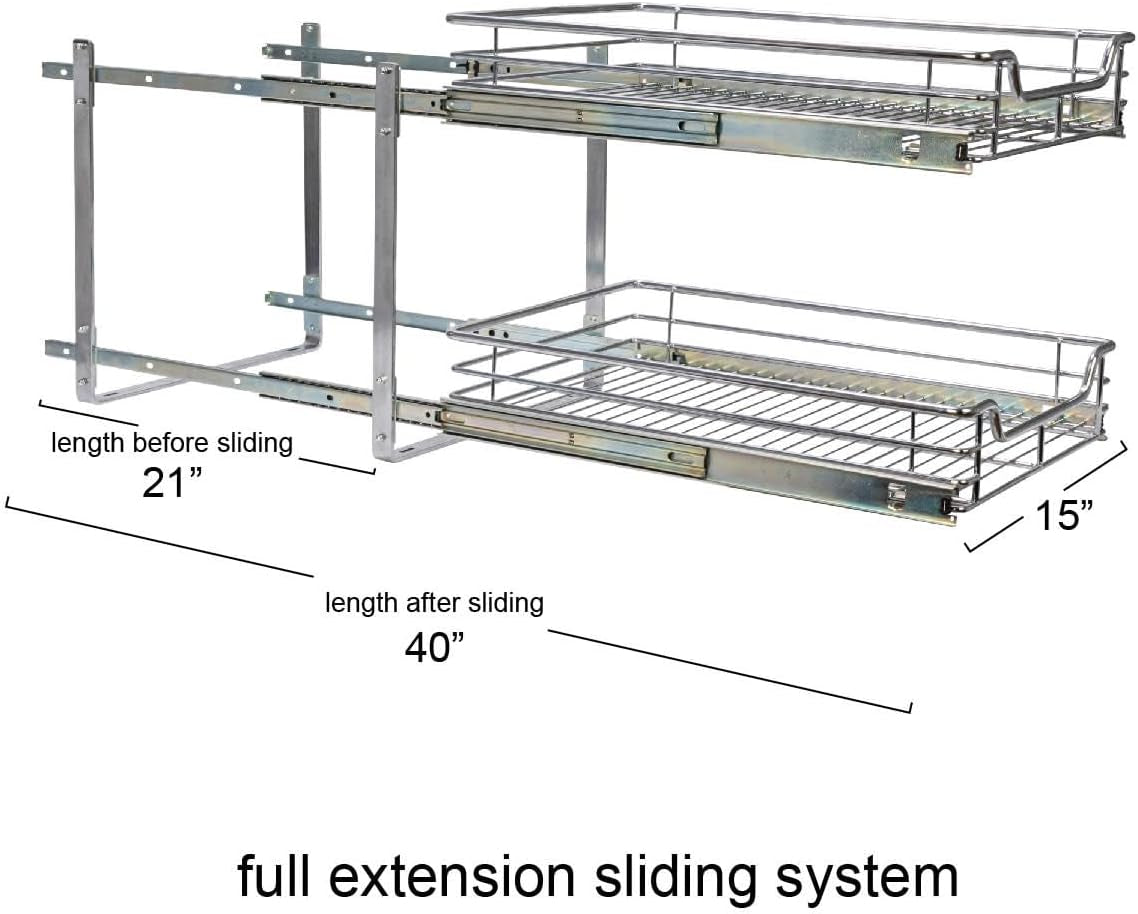 Household Essentials Glidez Multipurpose Chrome-Plated Steel Pull-Out/Slide-Out Basket Storage Organizer for under Cabinet Use - 2-Tier Design - Fits Standard Size Cabinet or Shelf, Chrome