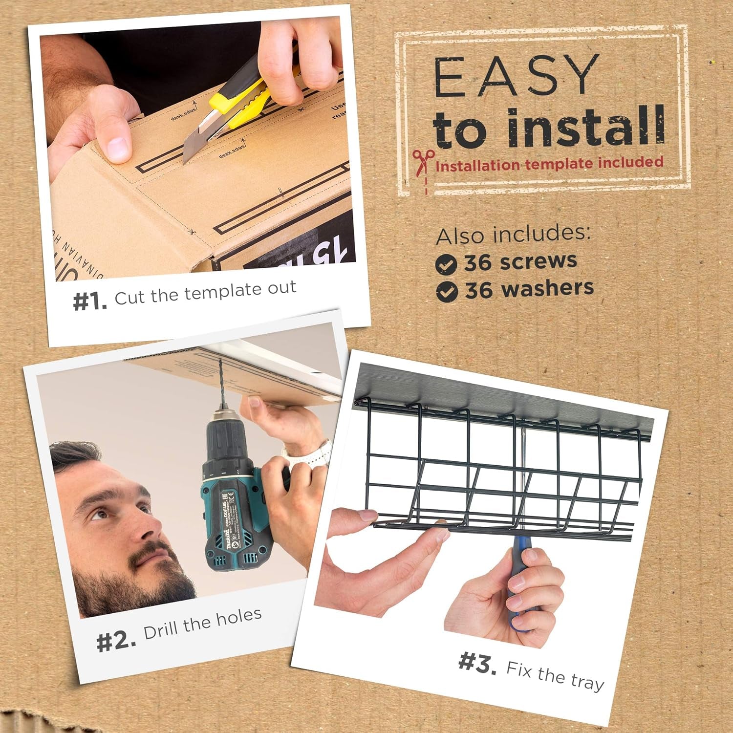 Under Desk Cable Tray, Cord Organizer for Wire, Cord Management, under Desk, Wire Holders - Black Tray - Set of 4X 17