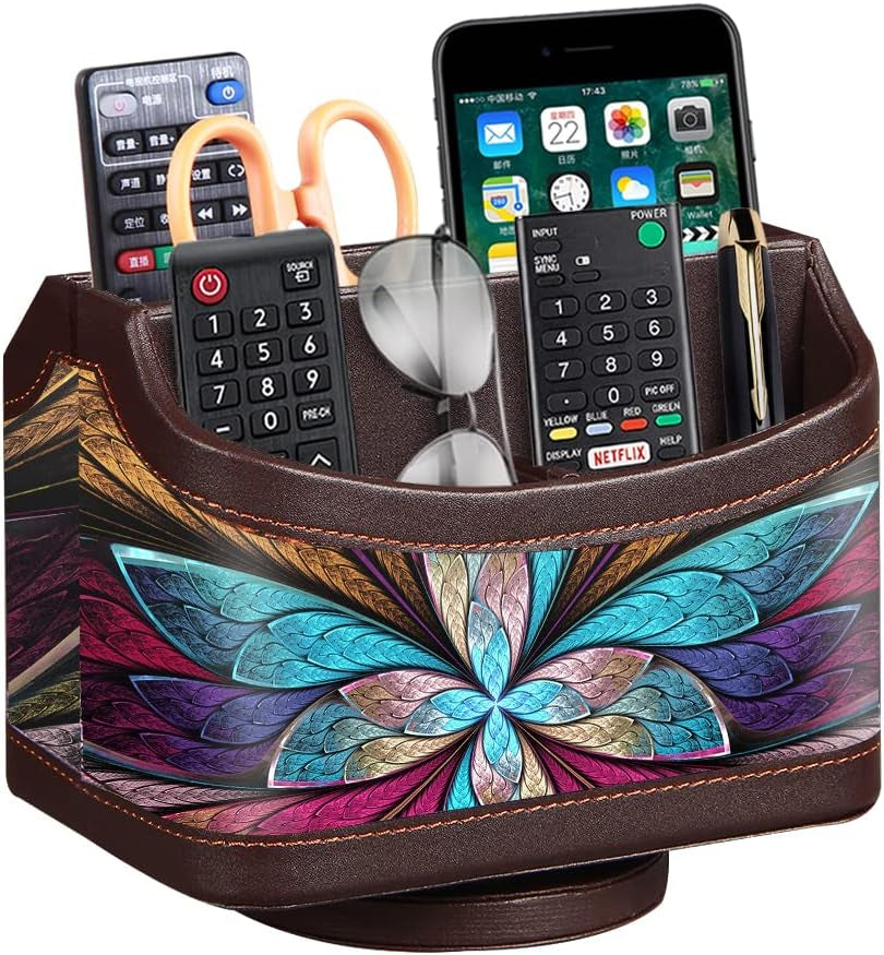 PUSU Leather 360°Rotatable Remote Control Holder,Nightstand TV Remote Caddy,Office Supplies Desktop Organizer,Spinning Storage Box for Pen,Mail,Phone,Dvd, Blu-Ray, Media Player, Heater Controllers