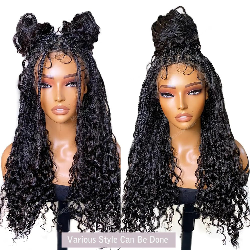 Boho Box Braids Wig Brazilian Virgin Full Lace Human Hair Wigs Transparent Lace Glueless Square Parted Boho Braided Wigs Human Hair Knotless Pre Plucked Glueless for Black Women 24Inch