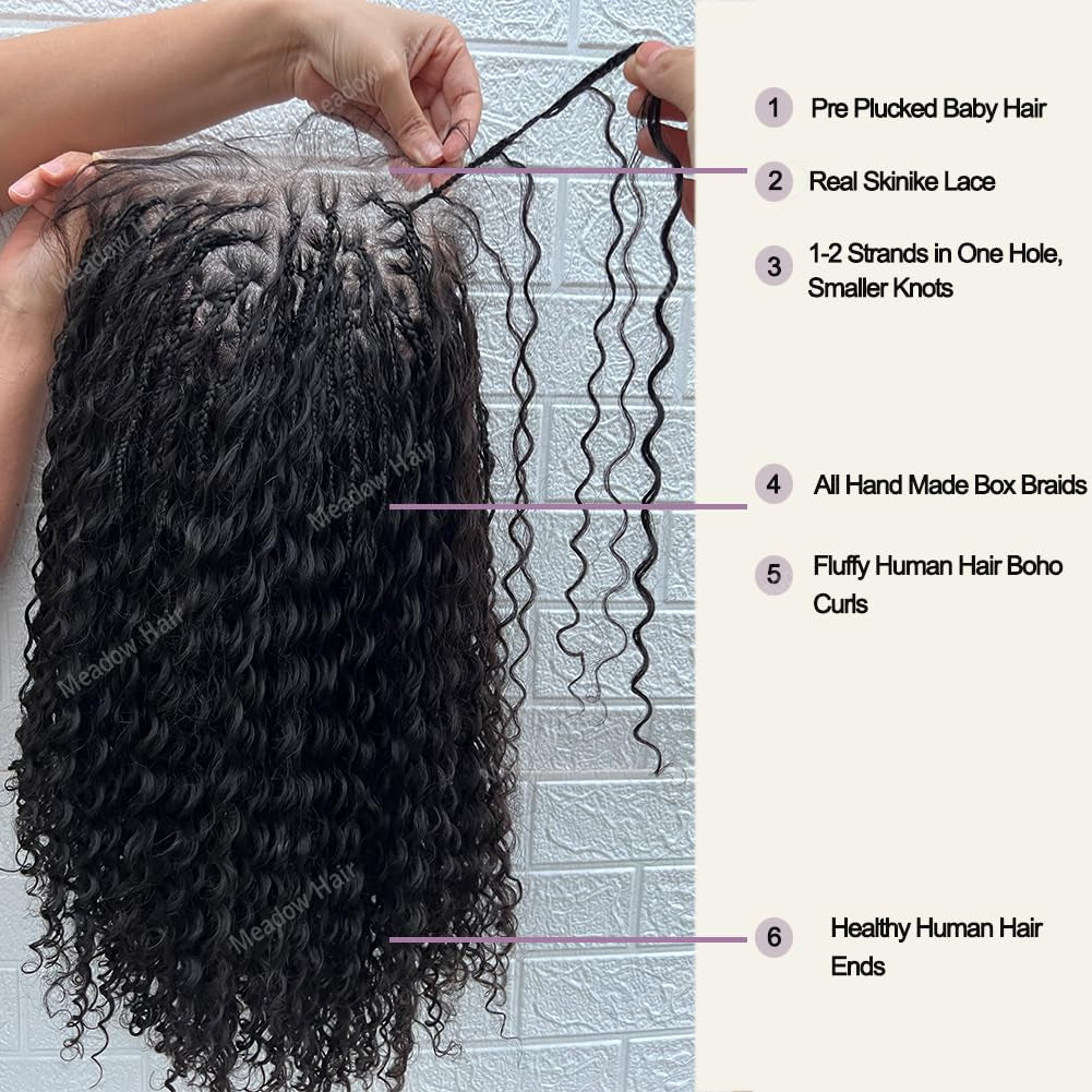 Boho Box Braids Wig Brazilian Virgin Full Lace Human Hair Wigs Transparent Lace Glueless Square Parted Boho Braided Wigs Human Hair Knotless Pre Plucked Glueless for Black Women 24Inch
