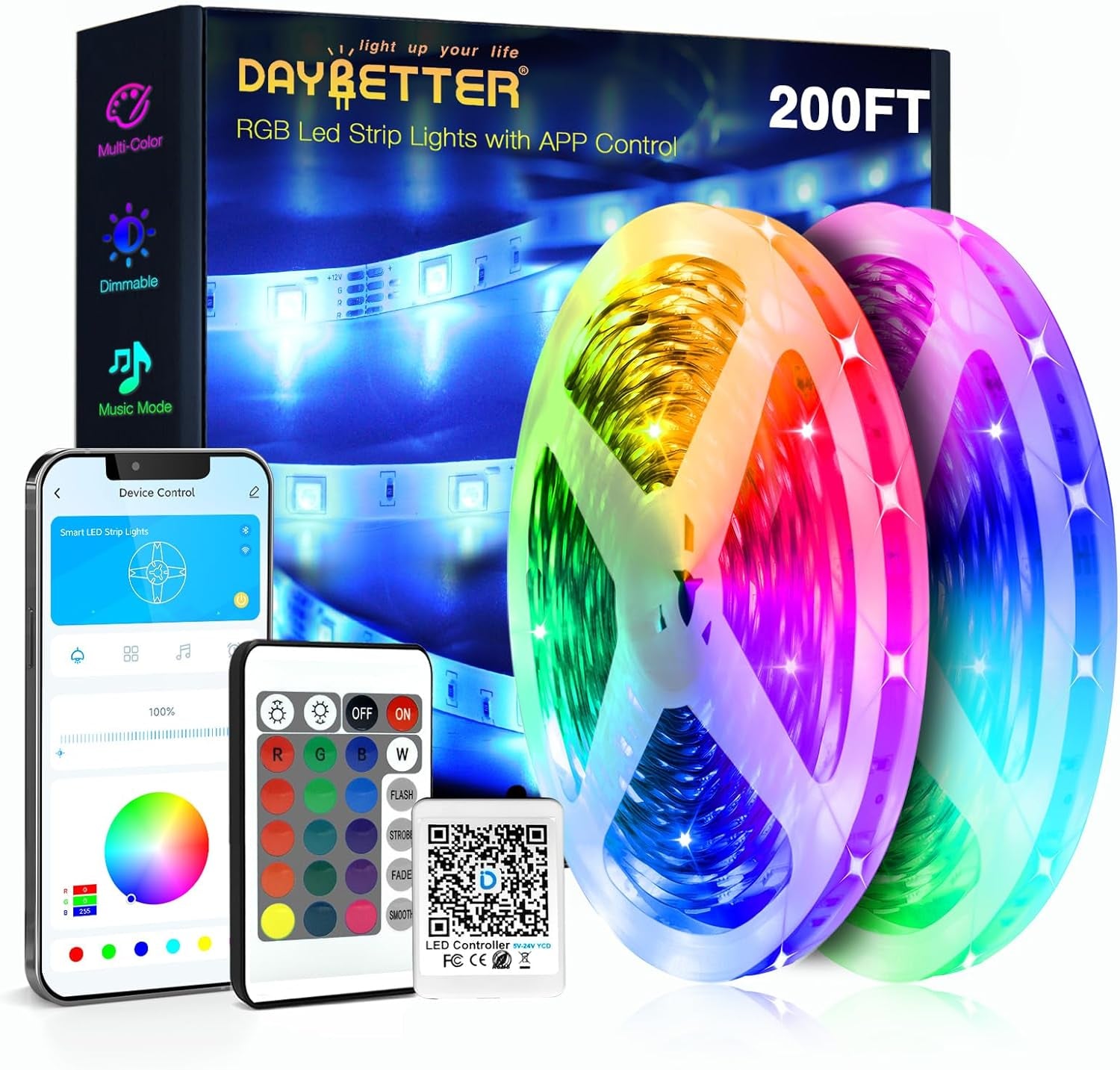 DAYBETTER BGRIC LED Lights for Bedroom, 16.4FT RGB LED Lights with Bluetooth APP & Remote Control 24V 5050 Color Changing LED Strip Lights Music Sync for Room Home Party Wall Indoor Decor