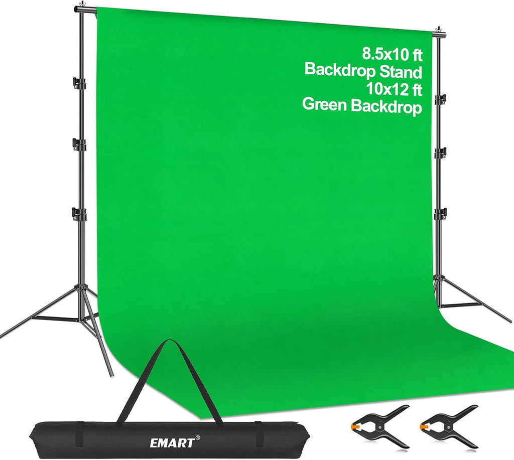 EMART Photo Video Studio 8.5 X 10Ft Green Screen Backdrop Stand Kit, Photography Background Support System with 10 X12Ft 100% Cotton Muslin Chromakey Curtain