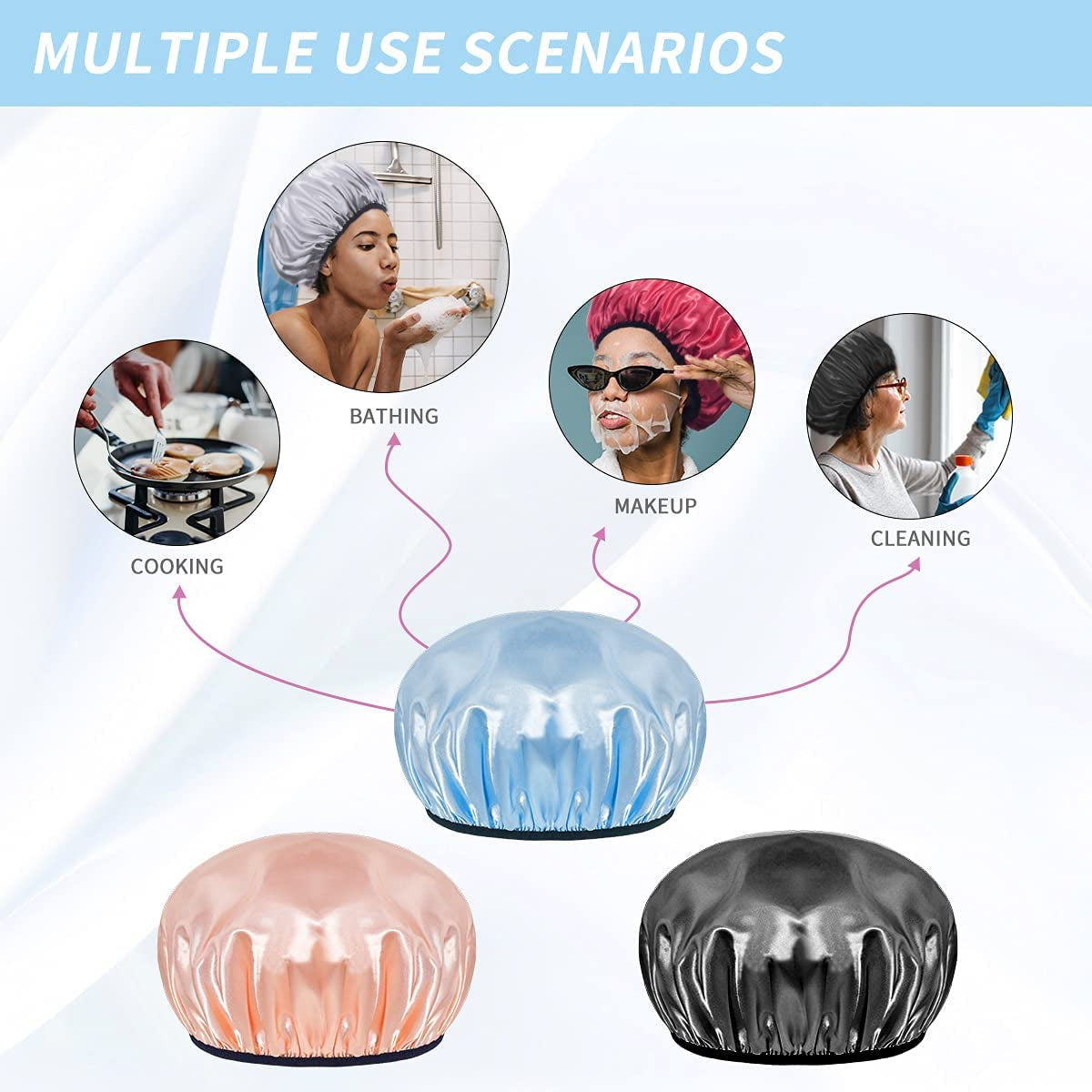 Aquior Shower Cap,4-Pack Large Shower Caps for Women Long Hair, Premium Soft Silky Satin Reusable Hair Cap for All Hair Lengths and Big Hairstyles