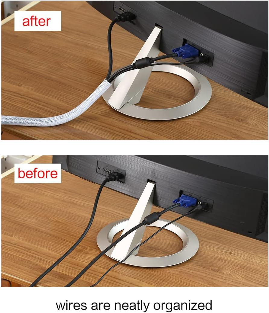 Keco 10Ft – 1/2 Inch Cable Management Sleeve Wire Loom Cord Protector – Self Wrap Cable Sleeve Split Sleeving Cord Organizer for TV Computer Automotive Office Home Entertainment – White