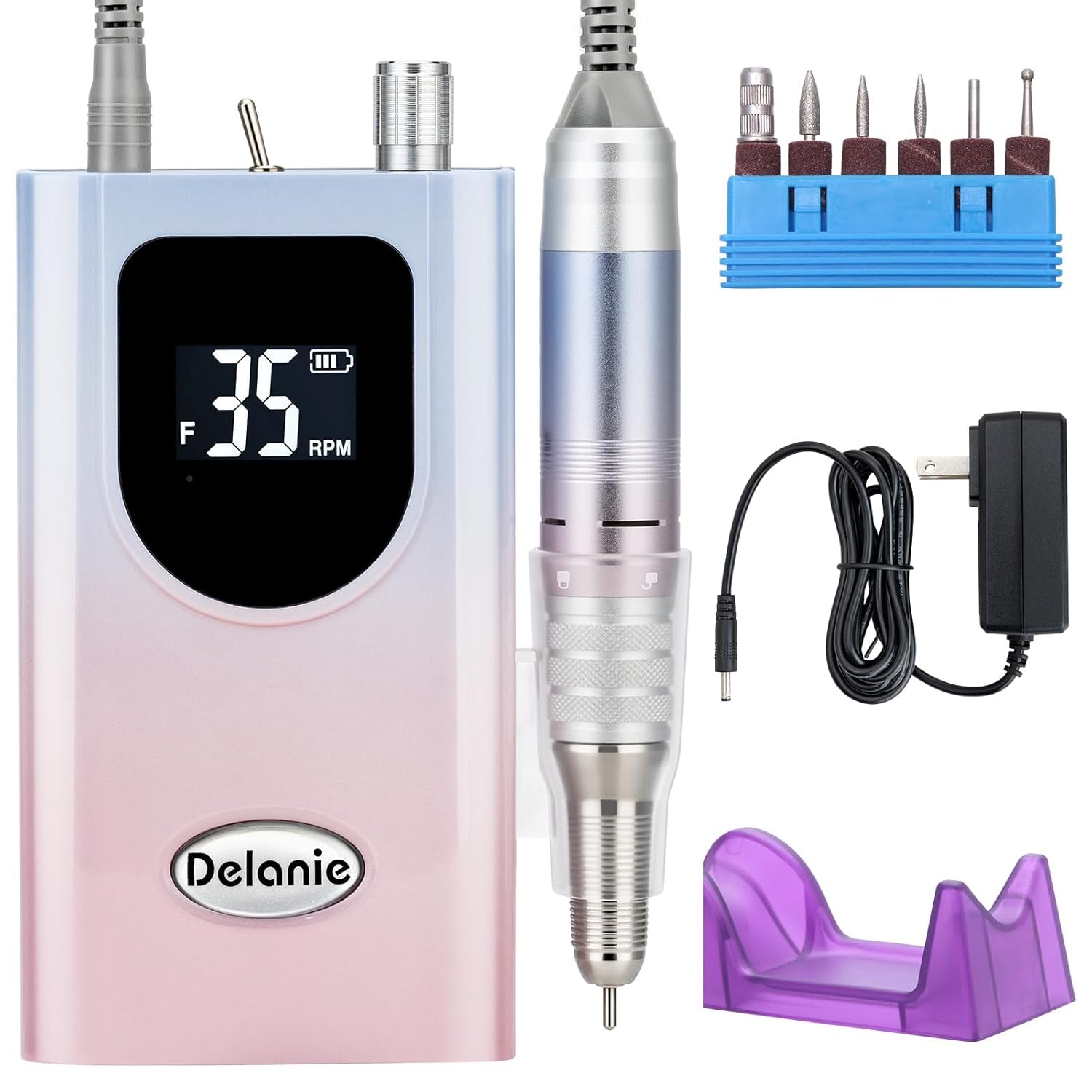 Delanie Professional Nail Drill High Torque 35000 RPM Rechargeable Portable Electric Nail File Filer for Acrylic Gel with Cuticle Bits, Salon Manicure Tool, Purple