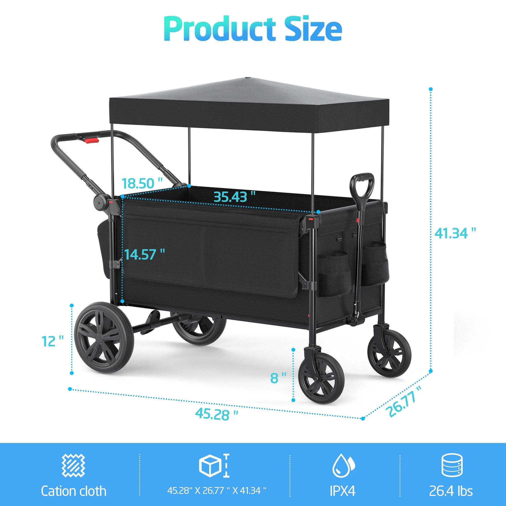 SACVON All-Terrain Stroller Wagon for Toddlers with Canopy, Parent Organizer, Adjustable Handlebar, 2 Cup Holders