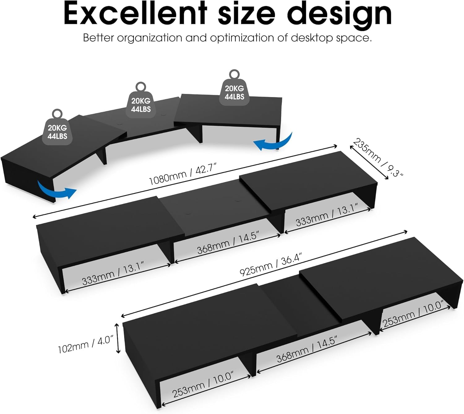 FITUEYES Dual Monitor Stand – 3 Shelf Computer Monitor Riser, Wood Desktop Stand with Adjustable Length and Angle, Desk Accessories, Office Supplies Medium Black,Dt108001Wb