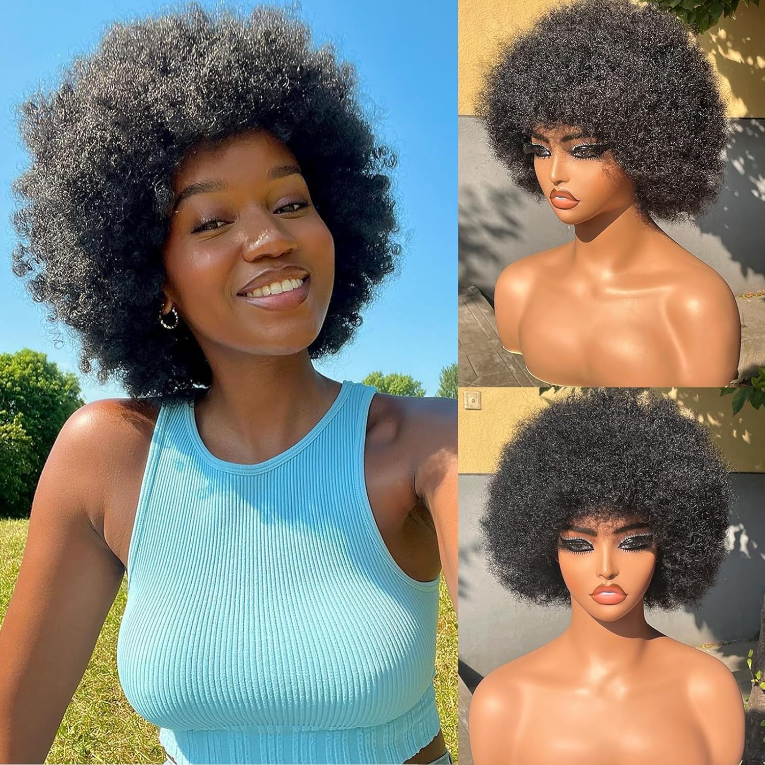 Afro Wig 70S Human Hair for Women(6 Inch) Gluless Short Afro Kinky Curly Wigs with Bangs for Black Women,200 Density Big Afro Puff Wig for Daily Use