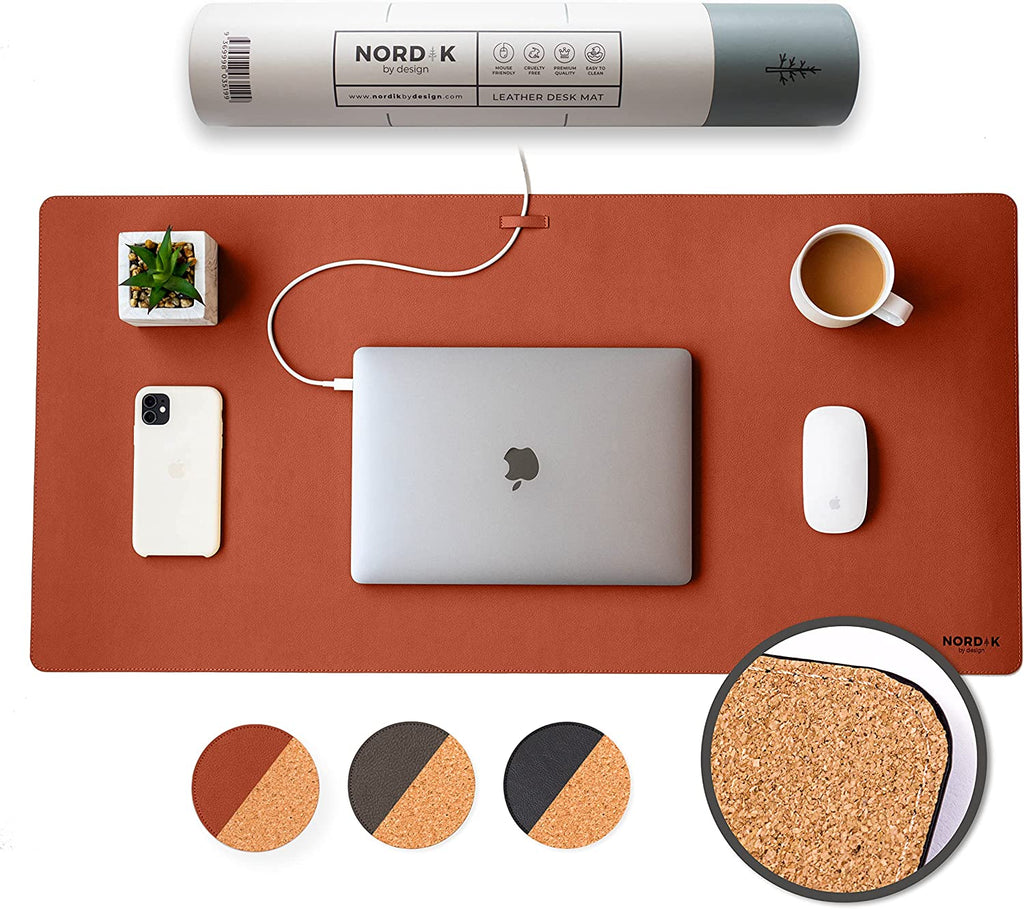 Nordik Leather Desk Mat - Whiskey Brown - Cable Organizer - Premium Mouse Mat & Desk Pad Protector - 35 X 17 Inch - Felt Vegan Leather - Large Office Mouse Pad & Blotter