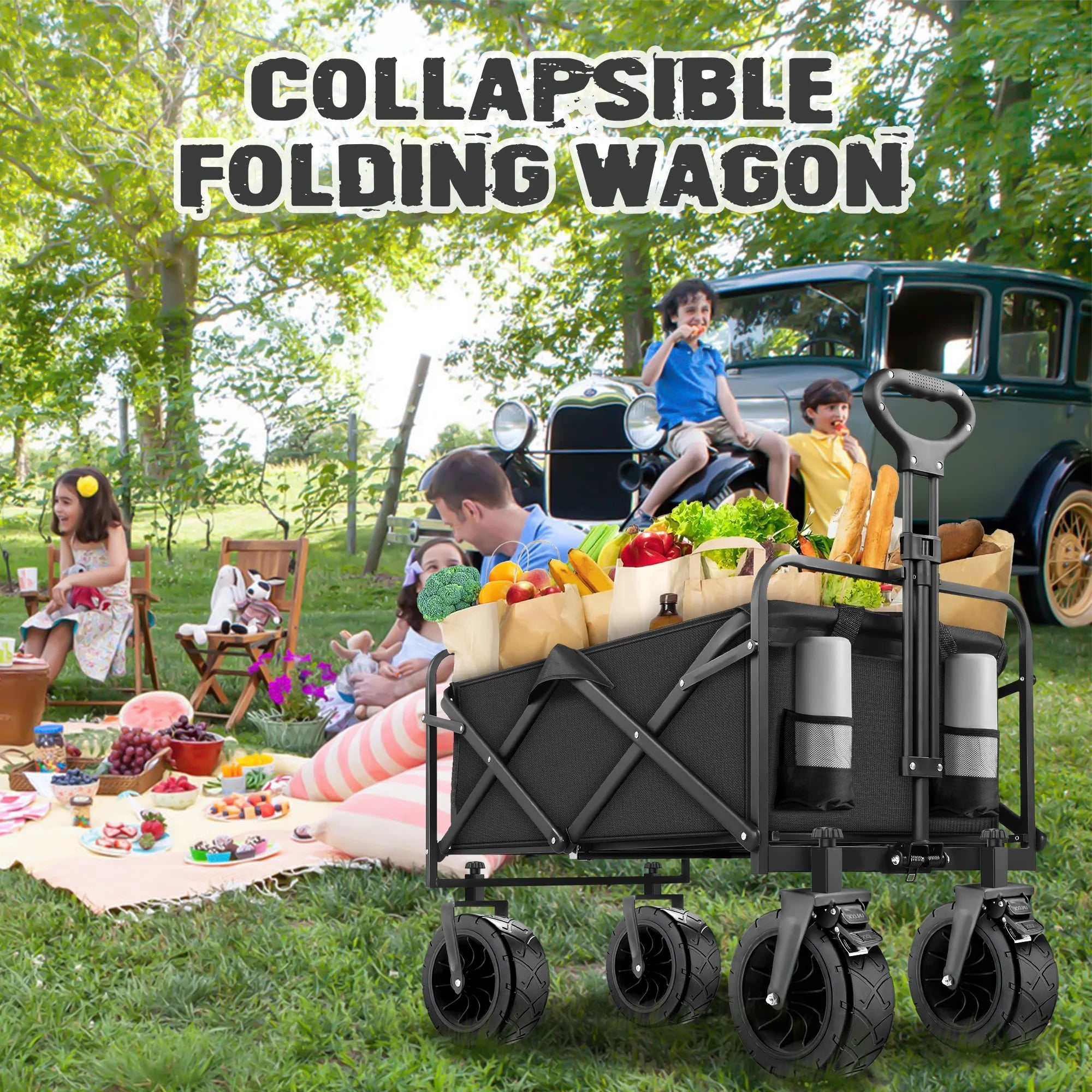 Qunler 560Lbs Collapsible Folding Wagon, Big Bucket Beach Cart, Heavy Duty Large Capacity Garden Wagon with Multi-Terrain Brake Wheels for Outdoor Camping, Shopping, Sports, Grocery, Kids, Black