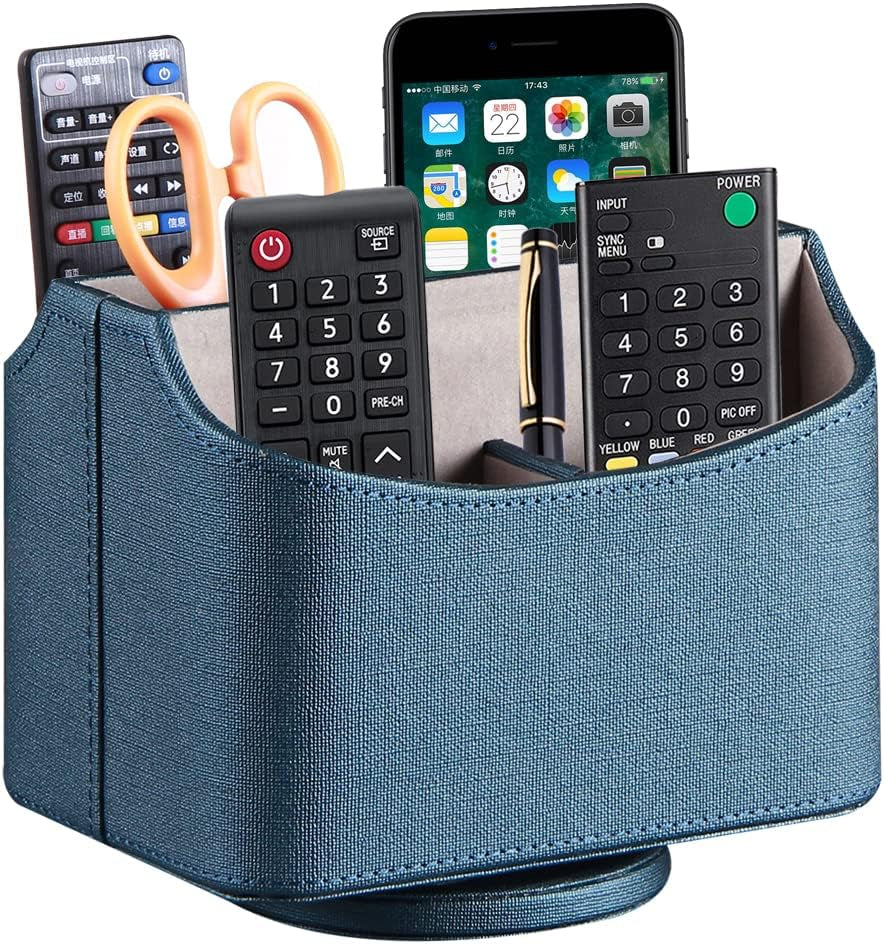 PUSU Leather 360°Rotatable Remote Control Holder,Nightstand TV Remote Caddy,Office Supplies Desktop Organizer,Spinning Storage Box for Pen,Mail,Phone,Dvd, Blu-Ray, Media Player, Heater Controllers