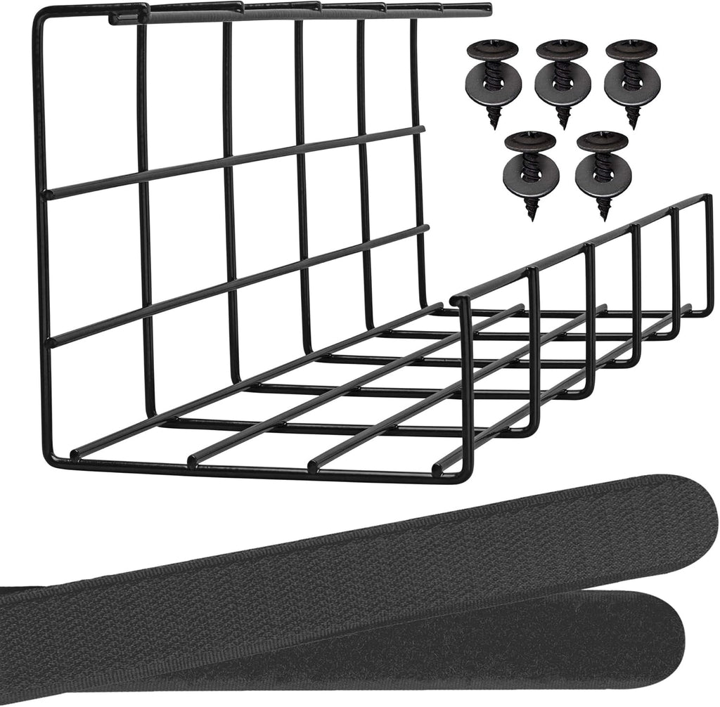 Under Desk Cable Tray, Cord Organizer for Wire, Cord Management, under Desk, Wire Holders - Black Tray - Set of 4X 17