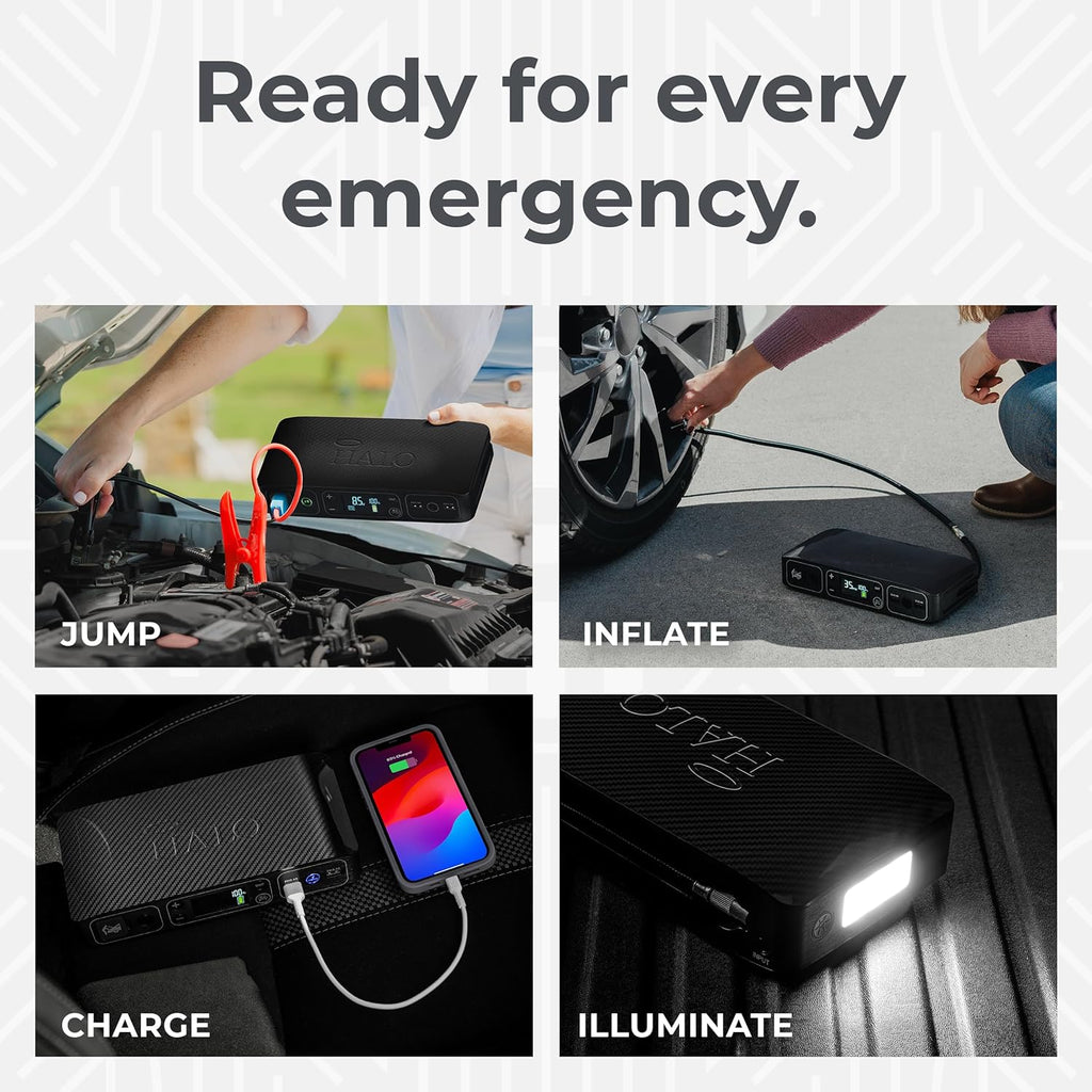 HALO Bolt Air 58830 Portable Car Battery Jump Starter | 100 PSI Air Compressor, 58.8Wh USB Power Bank, Emergency Floodlight & Charger, Jumps Cars Suvs & Trucks, Inflates Tires, TSA Approved — Black