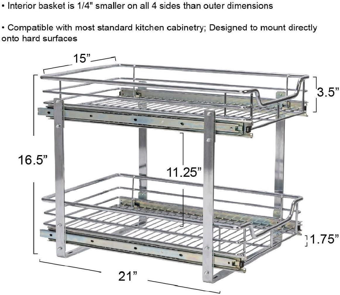 Household Essentials Glidez Multipurpose Chrome-Plated Steel Pull-Out/Slide-Out Basket Storage Organizer for under Cabinet Use - 2-Tier Design - Fits Standard Size Cabinet or Shelf, Chrome