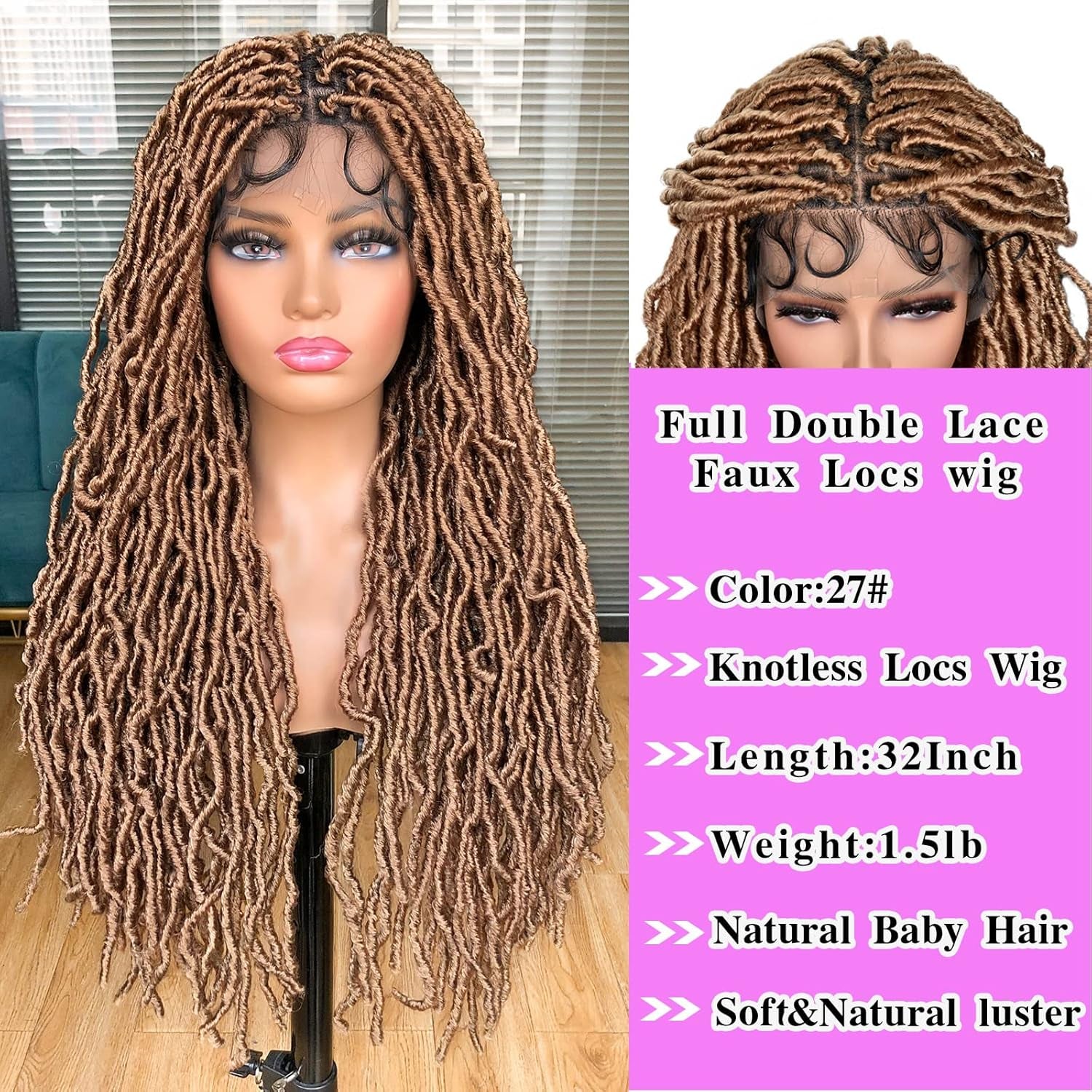 Annivia 32Inch Full Double Lace Box Braided Wigs for Black Women Faux Locs Square Knotless Wigs with Baby Hair Long Dreadlock Wig Natural Black Hand-Braided Synthetic Twist Lace Locs Wig Blonde