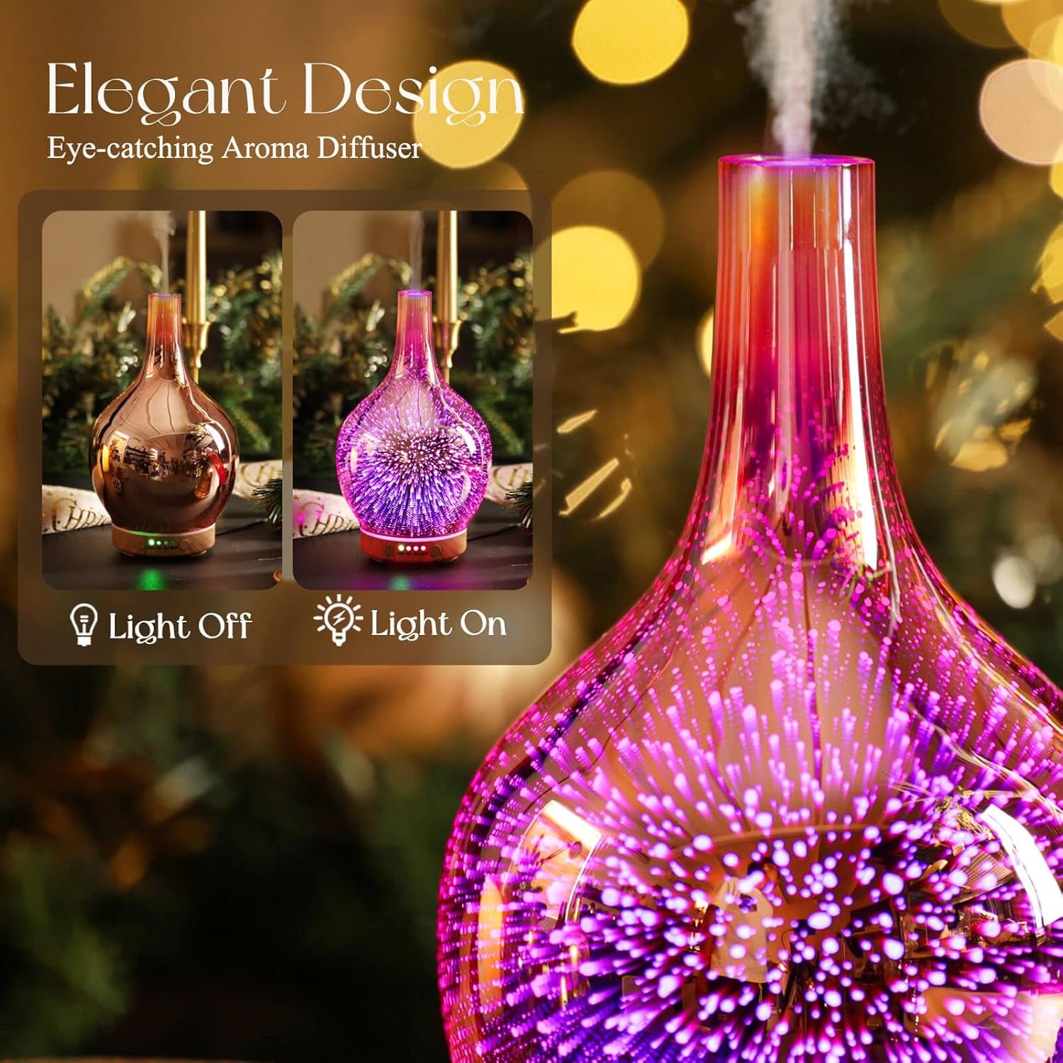 Porseme Rose Gold Essential Oil Diffuser 3D Glass Aromatherapy Ultrasonic Humidifier, Waterless Auto-Off, Timer Setting, BPA Free, Air Refresh for Home Hotel Yoga Leisure SPA Gift 150Ml