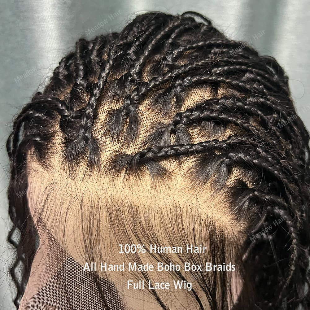 Boho Box Braids Wig Brazilian Virgin Full Lace Human Hair Wigs Transparent Lace Glueless Square Parted Boho Braided Wigs Human Hair Knotless Pre Plucked Glueless for Black Women 24Inch