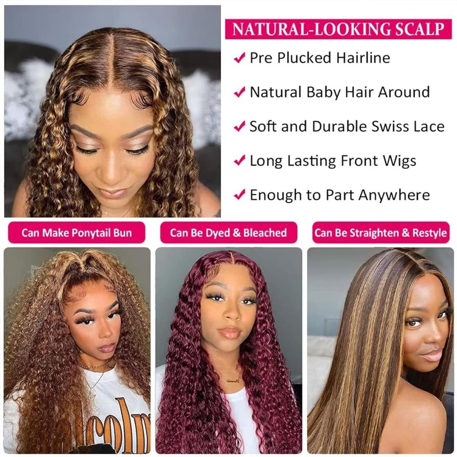 Curly Human Hair Wig Highlight P4/30 Lace Frontal Closure Deep Wave Human Hair Wig Pre Plucked Pre Cut Lace Frontal Closure Closure Glueless Wigs Elastic Band 200% Density, 18 Inch