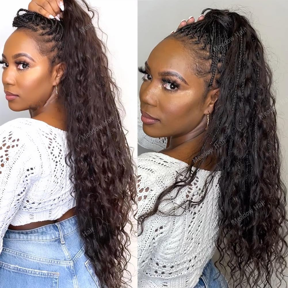 Boho Box Braids Wig Brazilian Virgin Full Lace Human Hair Wigs Transparent Lace Glueless Square Parted Boho Braided Wigs Human Hair Knotless Pre Plucked Glueless for Black Women 24Inch