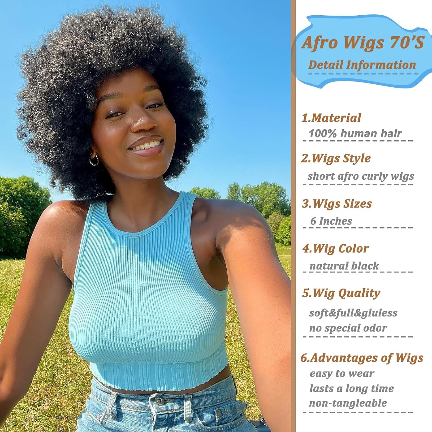 Afro Wig 70S Human Hair for Women(6 Inch) Gluless Short Afro Kinky Curly Wigs with Bangs for Black Women,200 Density Big Afro Puff Wig for Daily Use