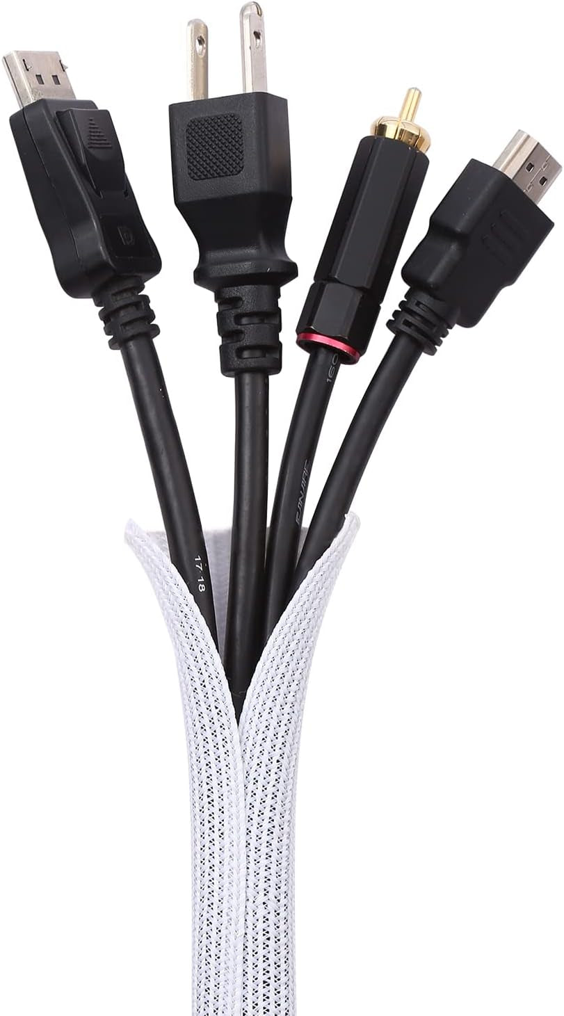 Keco 10Ft – 1/2 Inch Cable Management Sleeve Wire Loom Cord Protector – Self Wrap Cable Sleeve Split Sleeving Cord Organizer for TV Computer Automotive Office Home Entertainment – White