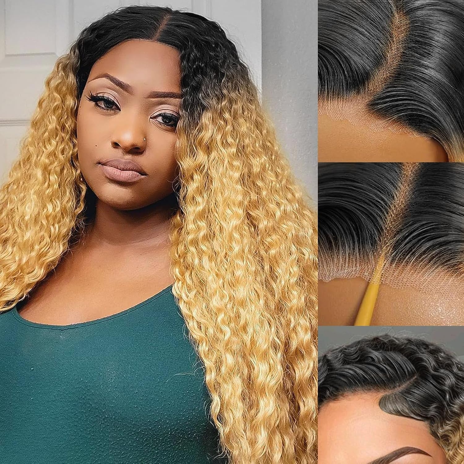 Curly Human Hair Wig Highlight P4/30 Lace Frontal Closure Deep Wave Human Hair Wig Pre Plucked Pre Cut Lace Frontal Closure Closure Glueless Wigs Elastic Band 200% Density, 18 Inch