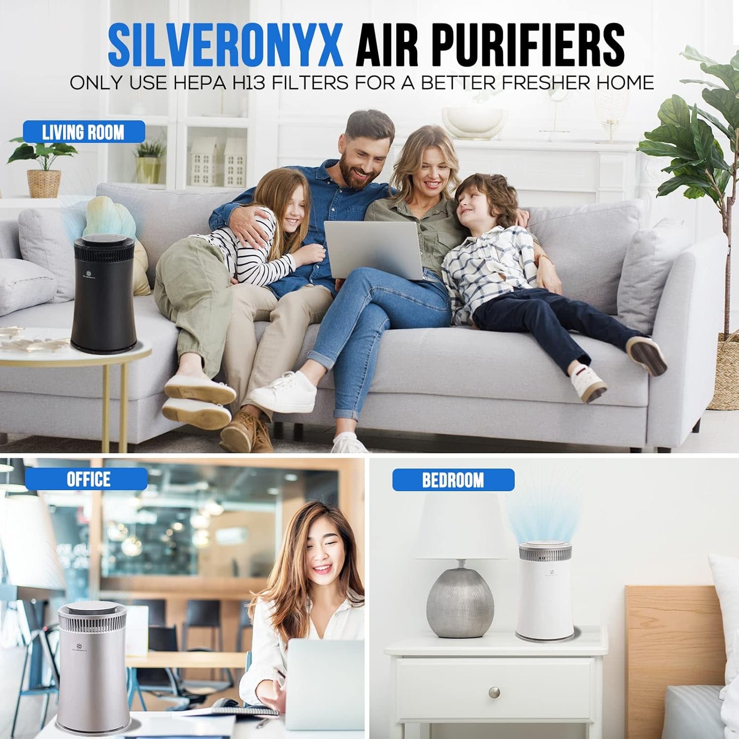 Air Purifier for Home Large Room – 5-In-1 HEPA Filter System, Covers up to 500 Sq Ft for New Home for Allergies, Pets, Smoke, Remove Dust & Odor, Quiet, High Filtration Efficiency – SILVERONYX, Black
