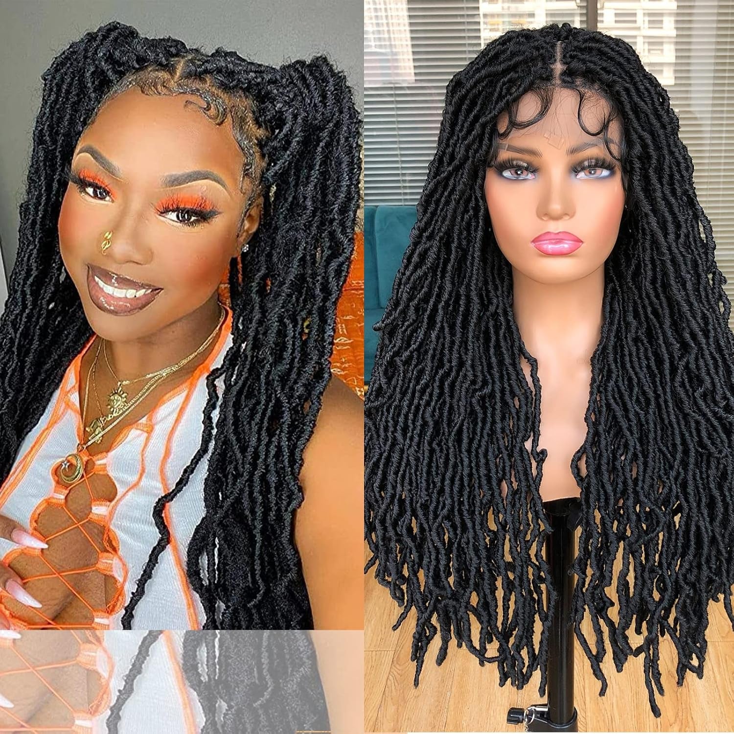 Annivia 32Inch Full Double Lace Box Braided Wigs for Black Women Faux Locs Square Knotless Wigs with Baby Hair Long Dreadlock Wig Natural Black Hand-Braided Synthetic Twist Lace Locs Wig Blonde